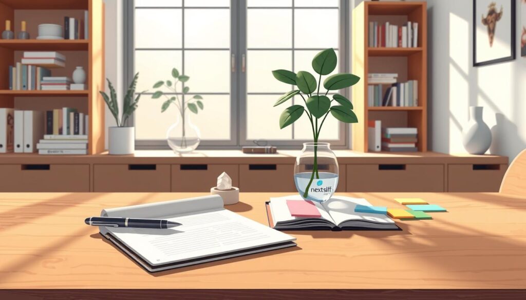 A wooden desk with an open journal, pen and a small plant, arranged for a quiet self awareness practice.